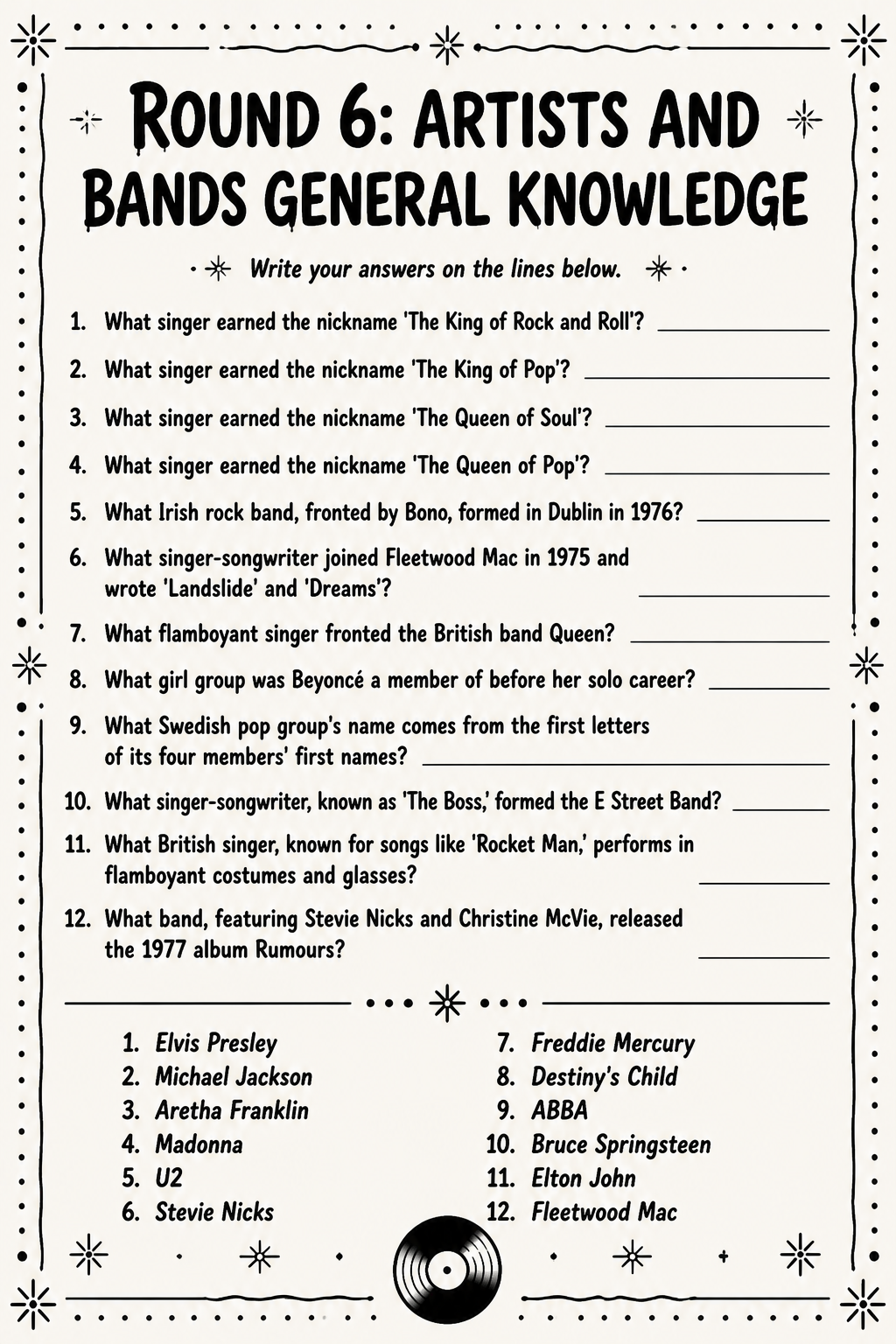 Artists and Bands Answer Key printable