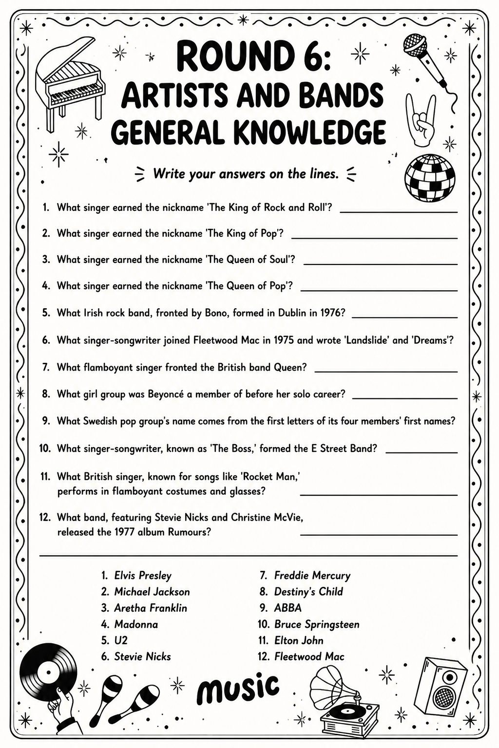 Artists and Bands Questions Sheet printable