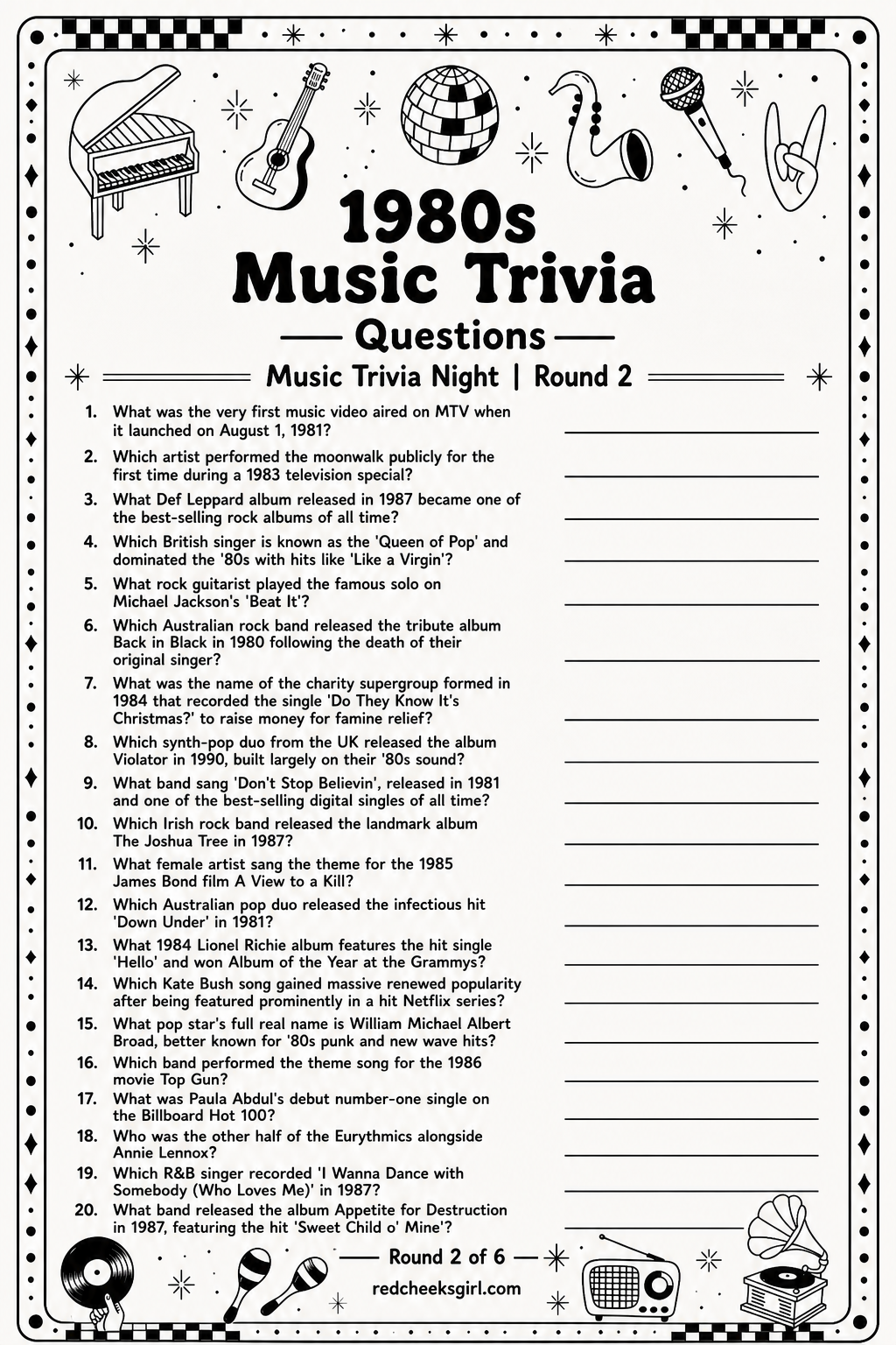 1980s Questions Sheet printable