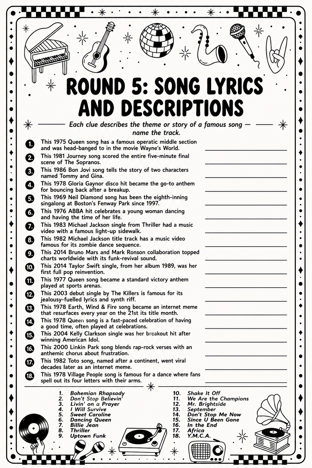 Song Lyrics and Descriptions Questions Sheet printable