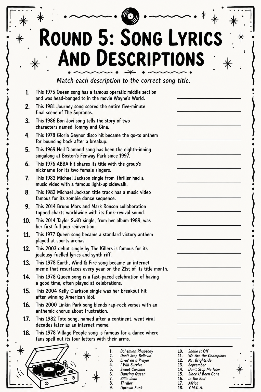 Song Lyrics and Descriptions Answer Key printable