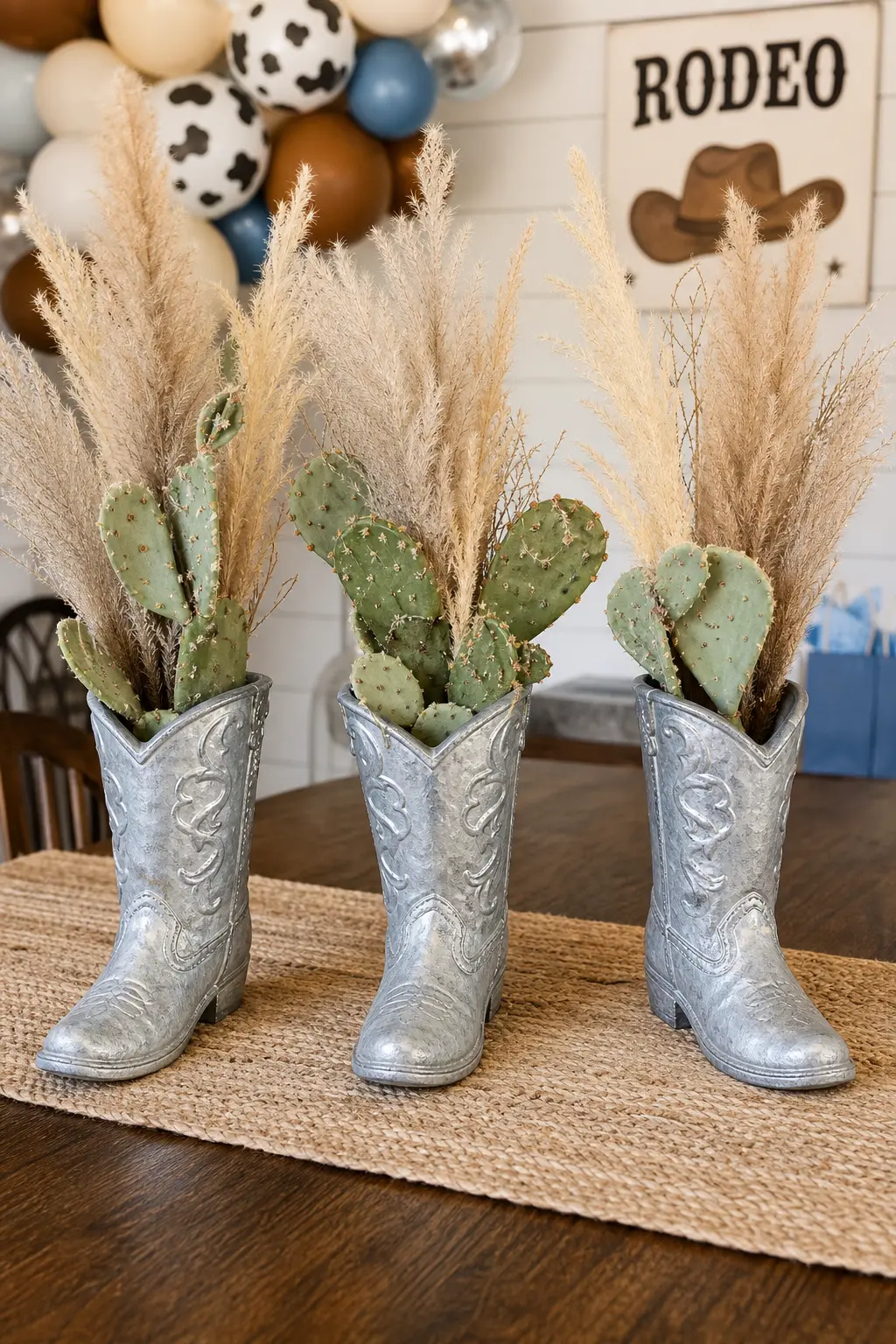 Cactus and Cowboy Boot Trio Centerpiece — Three galvanized mini cowboy boots stood in a row make instant bud vases for pampas grass or faux cactus stems. My