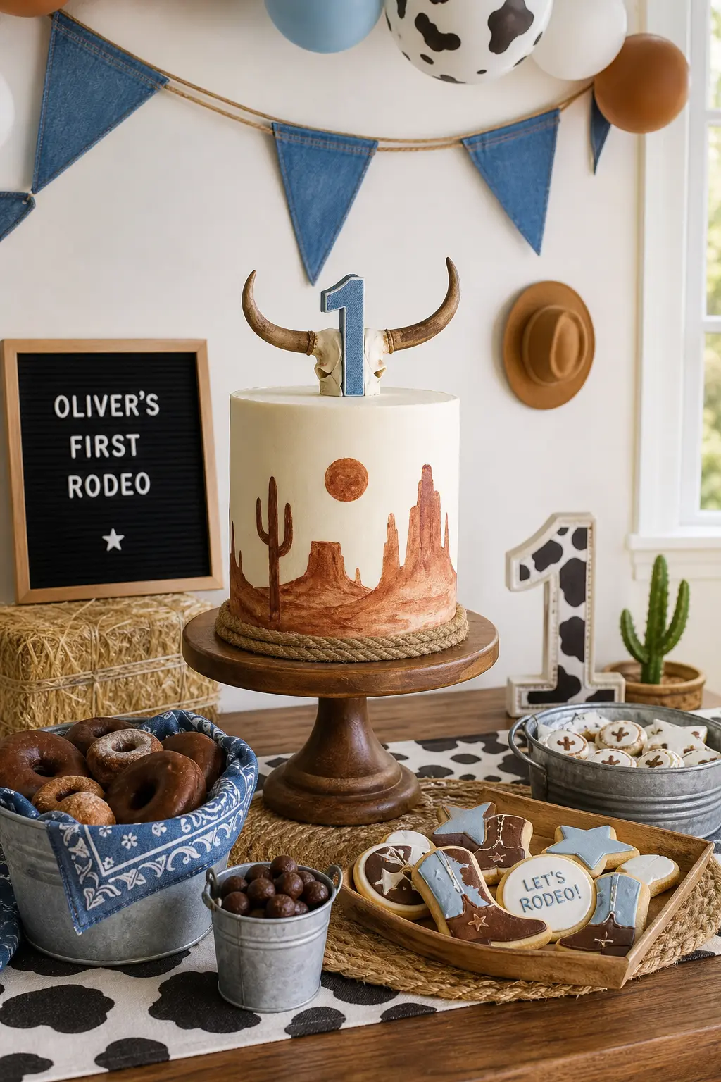 Cake Table With Rope-Trimmed Cake and Desert Mural — A tall smooth cake finished with a hand-painted terracotta desert mural and a base trim of thin jute rope