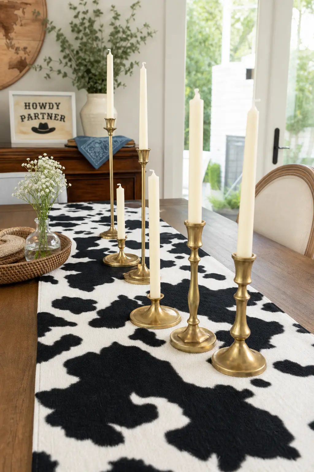 Cow Print Runner With Brass Candle Cluster — A black and white cow print table runner does the visual heavy lifting, so the centerpiece on top can stay simple