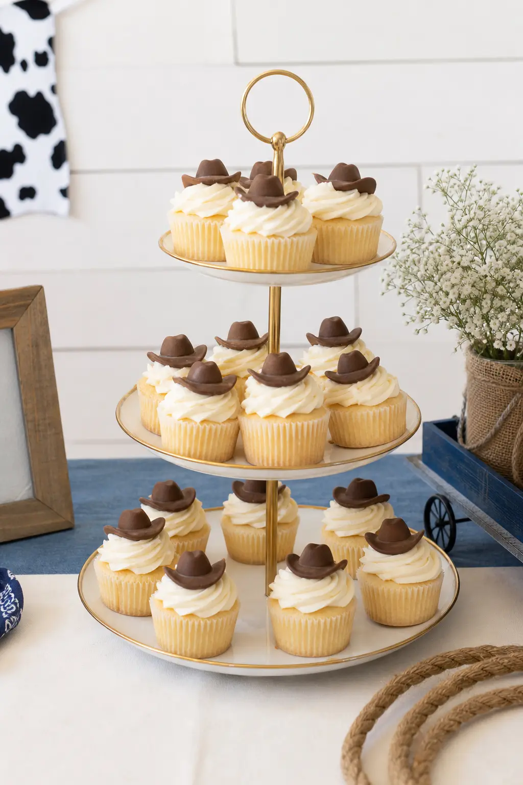 Cupcake Stand With Mini Hat Toppers — Plain ivory frosted cupcakes get their personality from a small chocolate brown fondant cowboy hat topper on each one