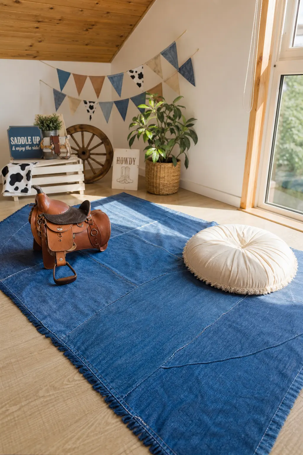 Denim Picnic Blanket Photo Corner With Saddle Prop — A denim blue picnic blanket spread on the floor with a small cognac leather saddle prop set on top gives a