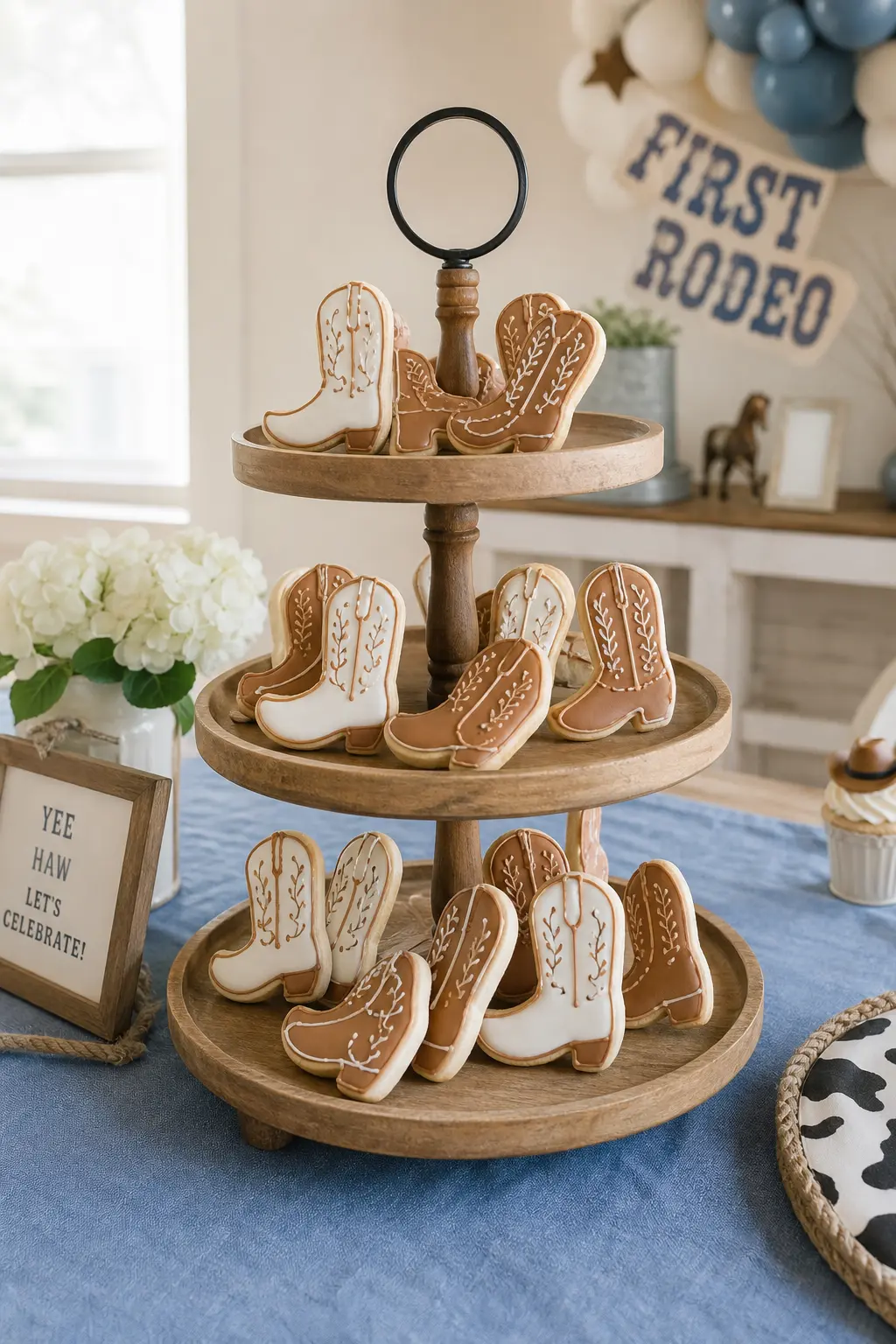 Dessert Table Tiered Stand With Cowboy Boot Cookies — A wooden tiered stand loaded with iced cowboy boot shaped cookies in cognac and ivory turns dessert into