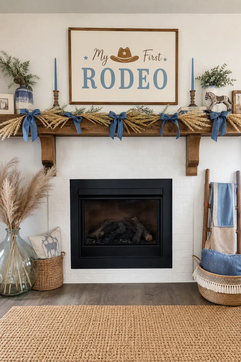 Dried Wheat and Denim Ribbon Garland — Along a mantel or a staircase rail, dried wheat stalks bundled with trailing denim ribbon give a softer, more textural