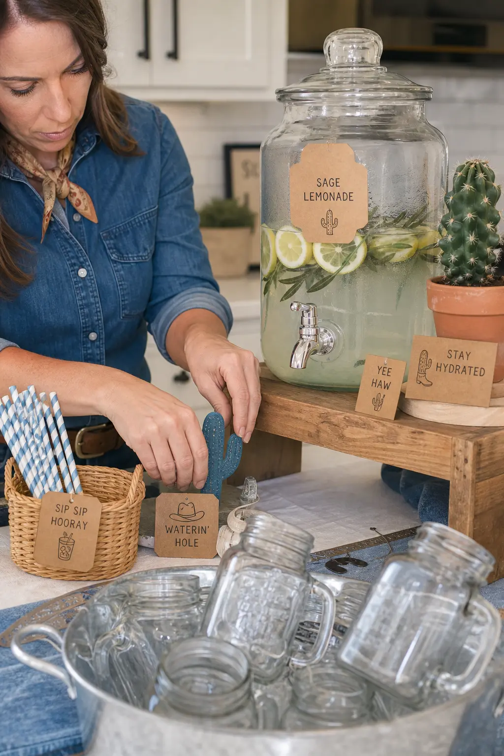 Drink Station With Cactus Garnish and Kraft Labels — A drink dispenser filled with citrus water, garnished with a fresh sage sprig instead of the usual mint