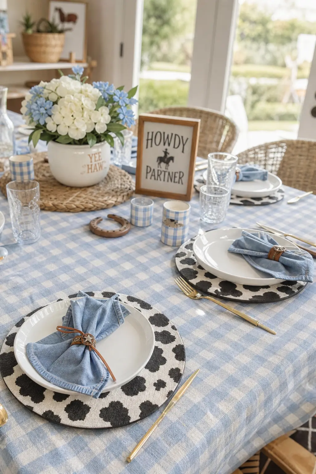 Gingham Cloth With Cow Print Charger Place Setting — A powder blue gingham tablecloth as the base, topped with black and white cow print chargers under plain