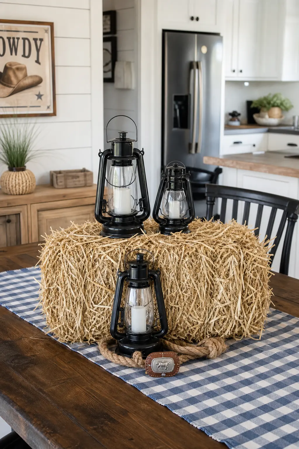 Hay Bale and Lantern Cluster — One small decorative hay bale set on the table with two or three battery lanterns nestled into it gives real texture and height