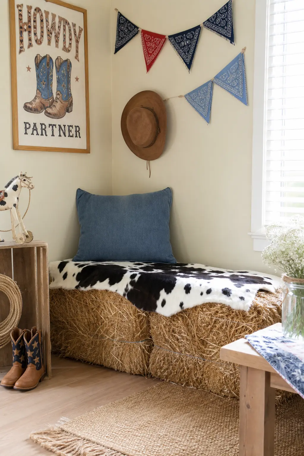 Hay Bale Seating Nook With Cow Hide Throw — Two hay bales pushed together with a faux cow hide throw draped over the top make a seating nook that doubles as