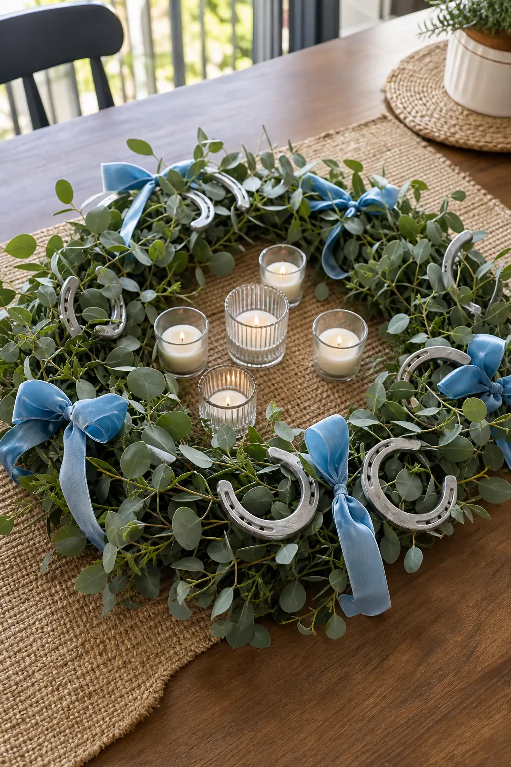 Horseshoe and Eucalyptus Wreath Laid Flat — A eucalyptus wreath laid flat in the center of the table, with a few silver horseshoes tucked into the greenery
