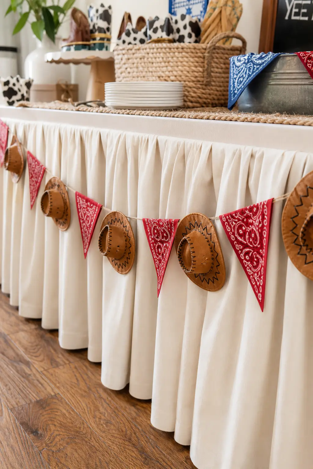 Mini Cowboy Hat and Bandana Garland Swag — A paper garland strung with miniature cowboy hats and triangle bandana pennants adds a graphic, playful line without