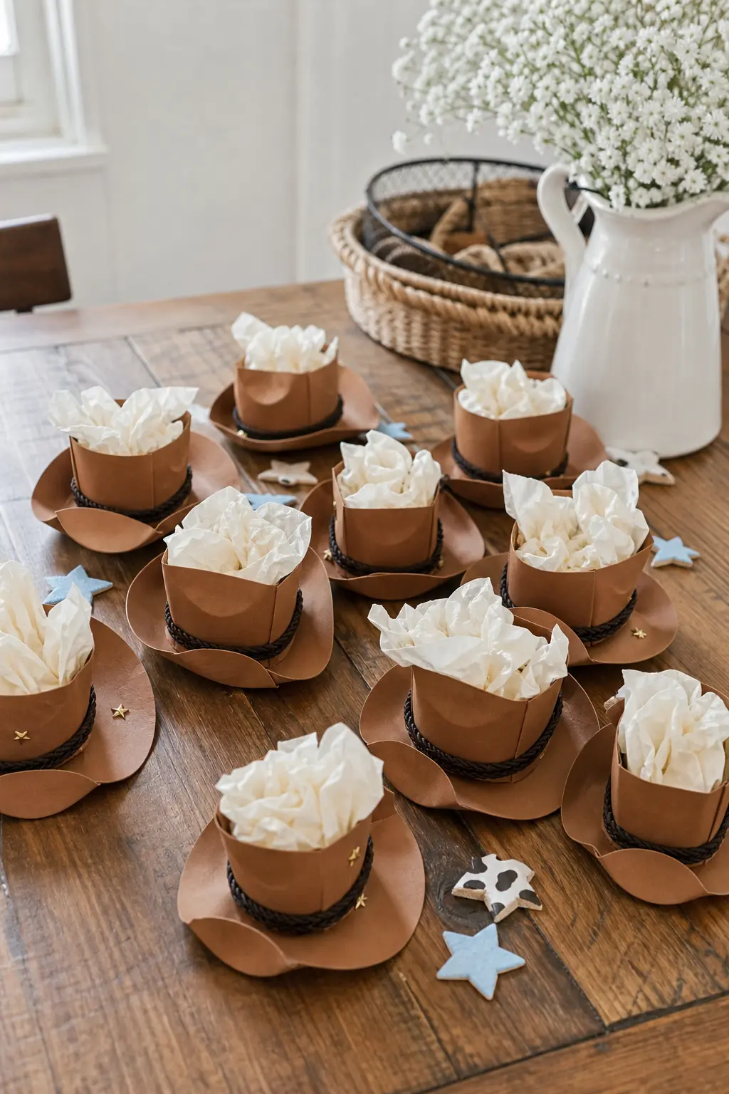 Mini Cowboy Hat Favor Boxes — A tiny cognac colored box shaped like a cowboy hat, filled with candy or a small toy, gives every guest a favor that is also a