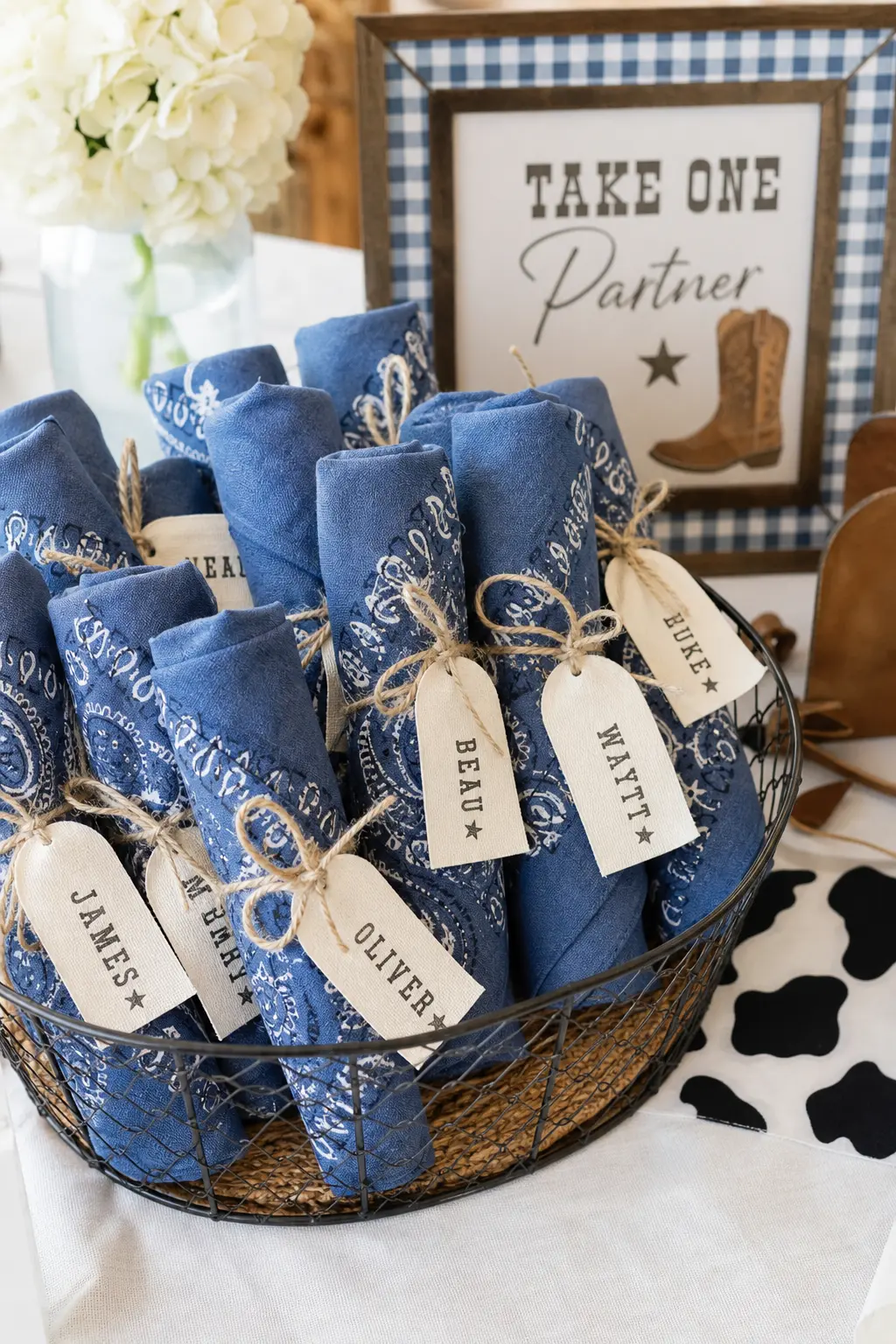 Personalized Bandana Party Favor Roll-Up — A denim blue bandana, rolled and tied with twine, doubles as both a favor and a prop guests can wear for the rest of
