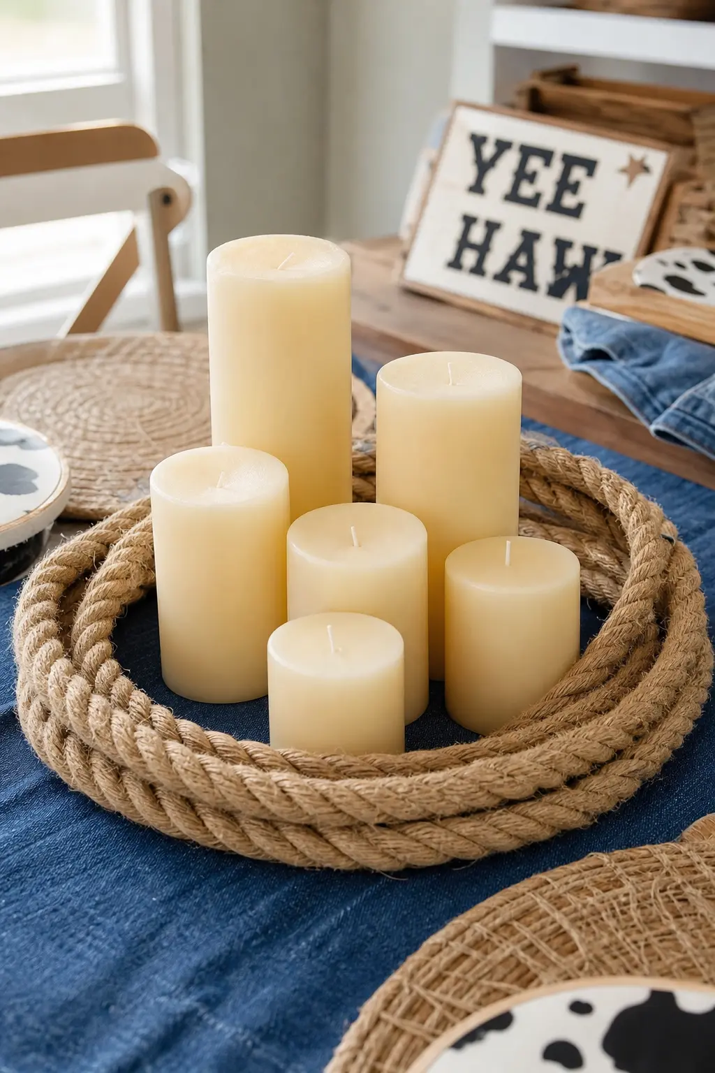 Rope Lasso Ring With Pillar Candles — A single coil of thick jute rope, shaped into a loose lasso circle, frames a cluster of ivory pillar candles at the