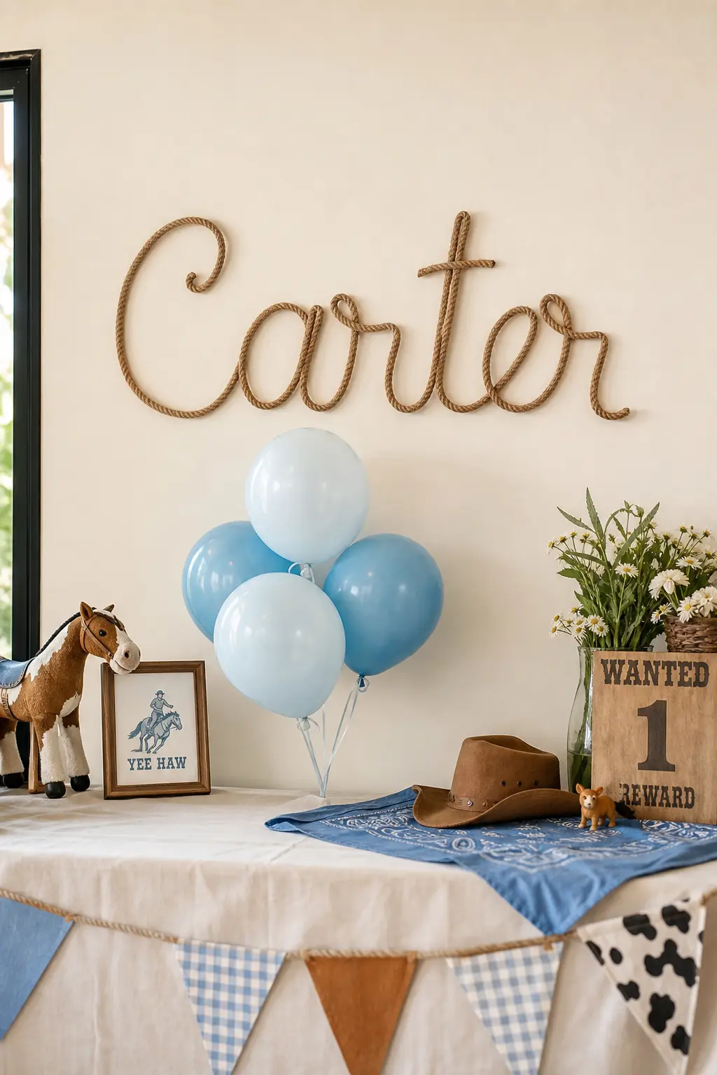 Rope Script Name Wall Display — The birthday boy's name, formed from thick jute rope in a loose cursive script and mounted directly on the wall, becomes the