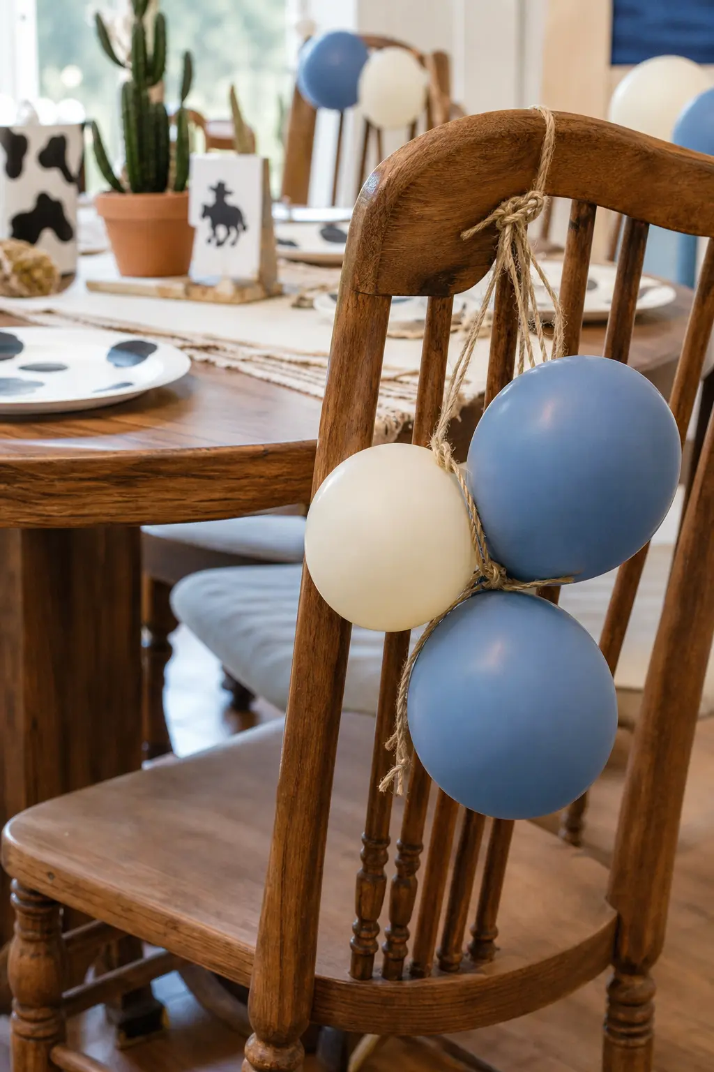 Rope-Wrapped Balloon Clusters on Chairs — Instead of a big installation, a small cluster of three balloons tied with jute rope to the back of every guest chair