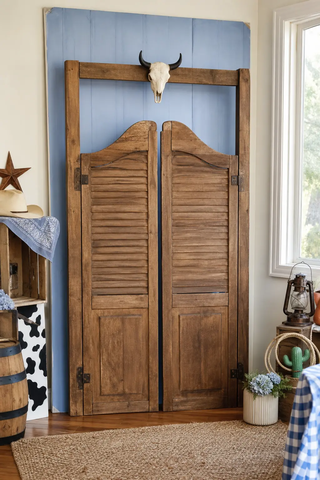 Saloon Swinging Door Backdrop — A pair of freestanding wooden swinging doors, styled like an old saloon front, makes an unmistakable photo backdrop that guests