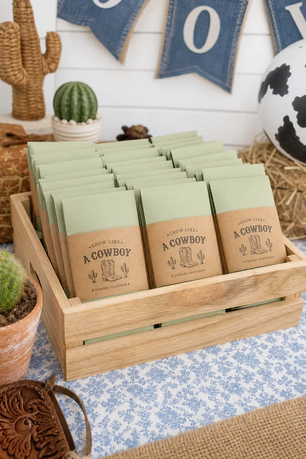 Seed Packet Grow Like a Cowboy Favors — Small sage green seed packets, labeled to plant sunflowers or wildflowers, give guests a favor with nothing to eat or