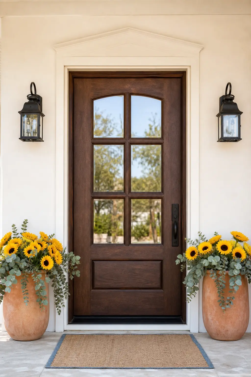 Sunflower and Eucalyptus Entry Urns — A pair of urns flanking the front door with sunflowers and trailing eucalyptus gives a fresh, un-fussy welcome that needs