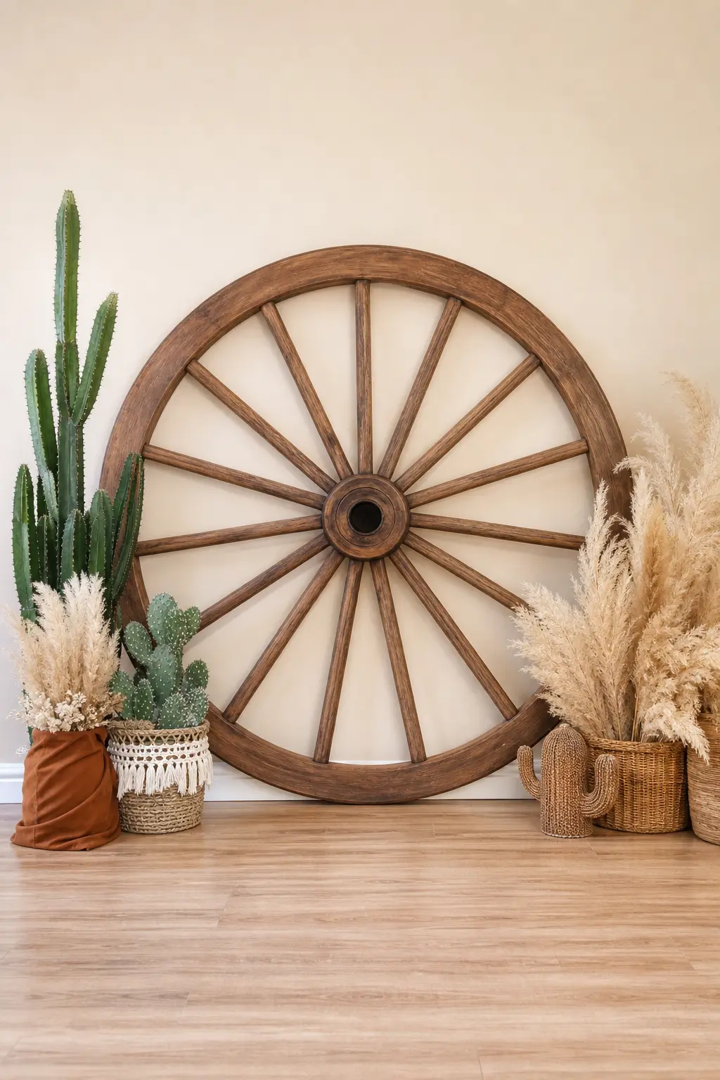 Vintage Wagon Wheel Leaning Backdrop — A large wooden wagon wheel leaned against a plain wall, with a cluster of pampas grass and faux cactus at its base