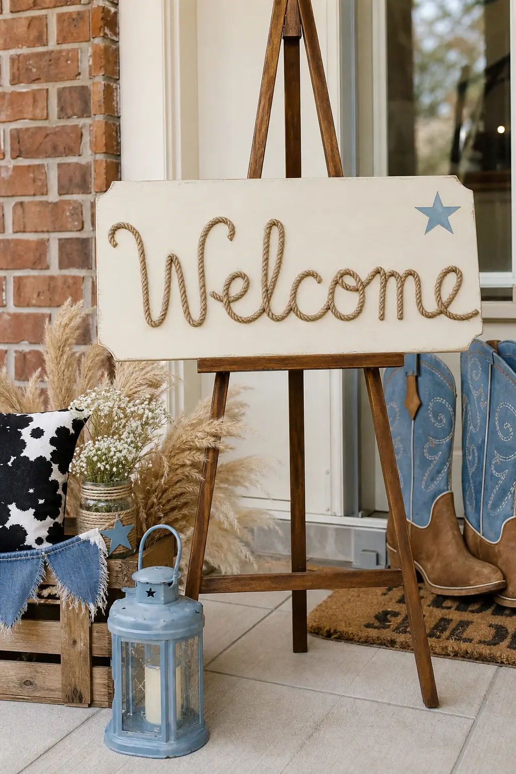 Welcome Sign With Rope Lettering — An ivory wood sign propped at the entrance, with the party greeting spelled in the same jute rope lettering as the name wall