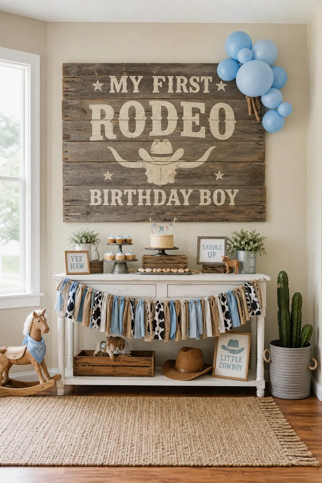 Wood Plank Backdrop Sign — A wide weathered wood plank sign, mounted behind the dessert table with the party name painted in cream lettering, anchors that