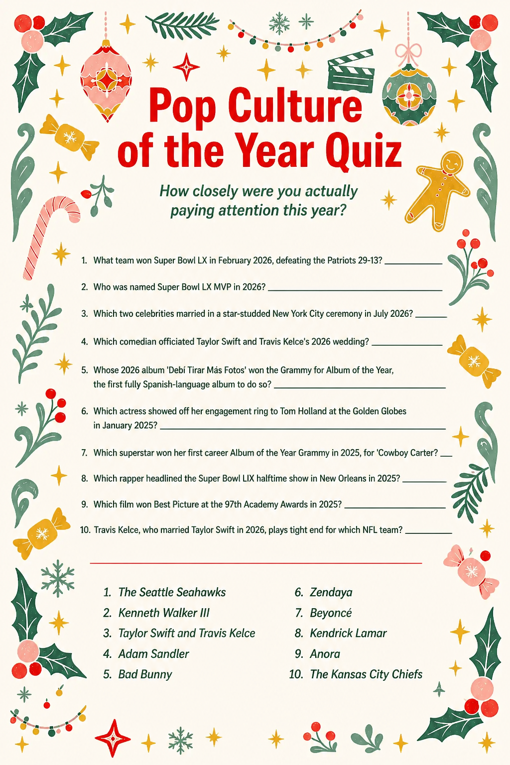 Pop Culture of the Year Quiz printable