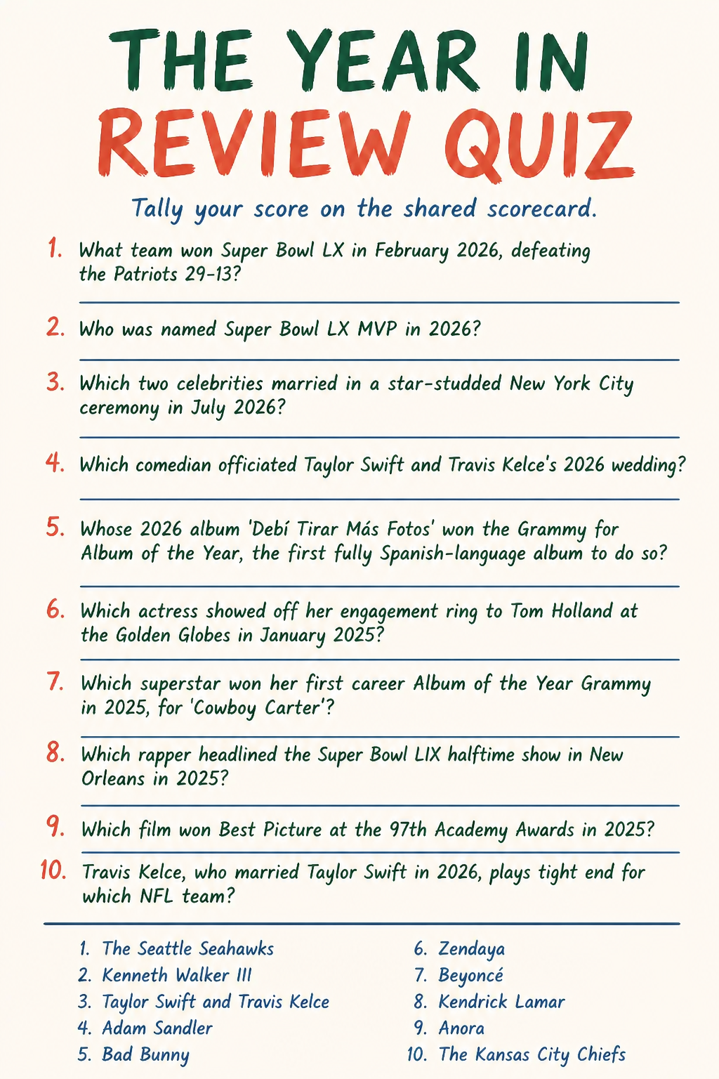 The Year in Review Quiz printable
