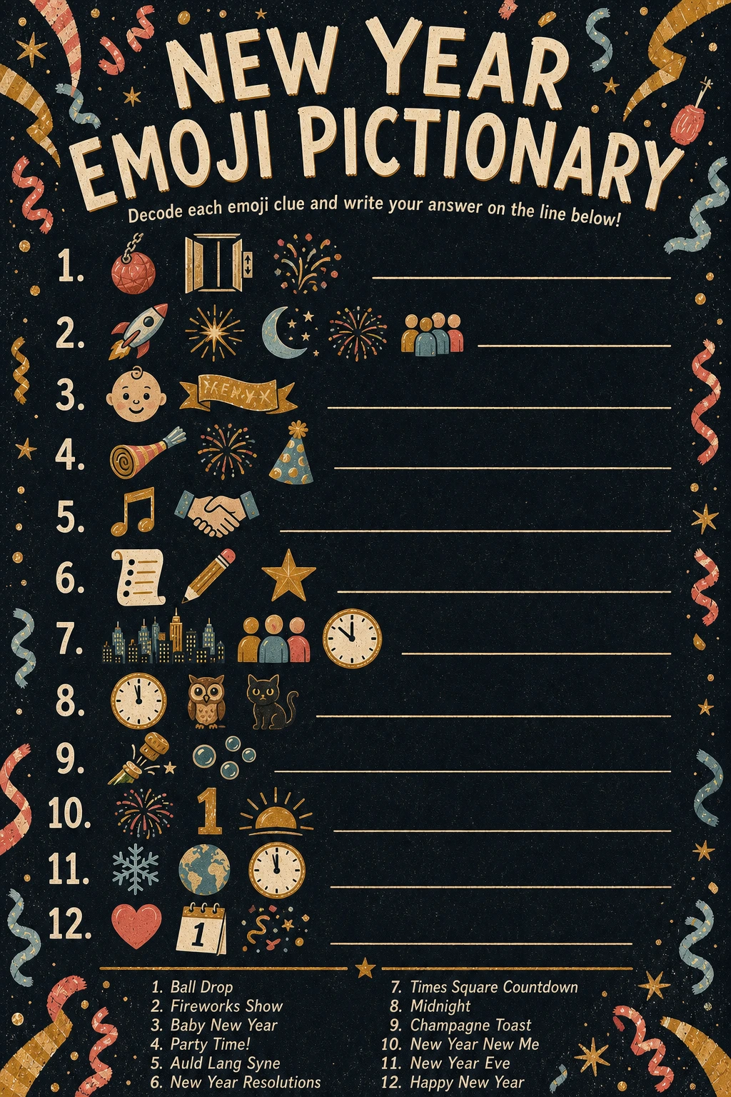 New Year Emoji Pictionary printable