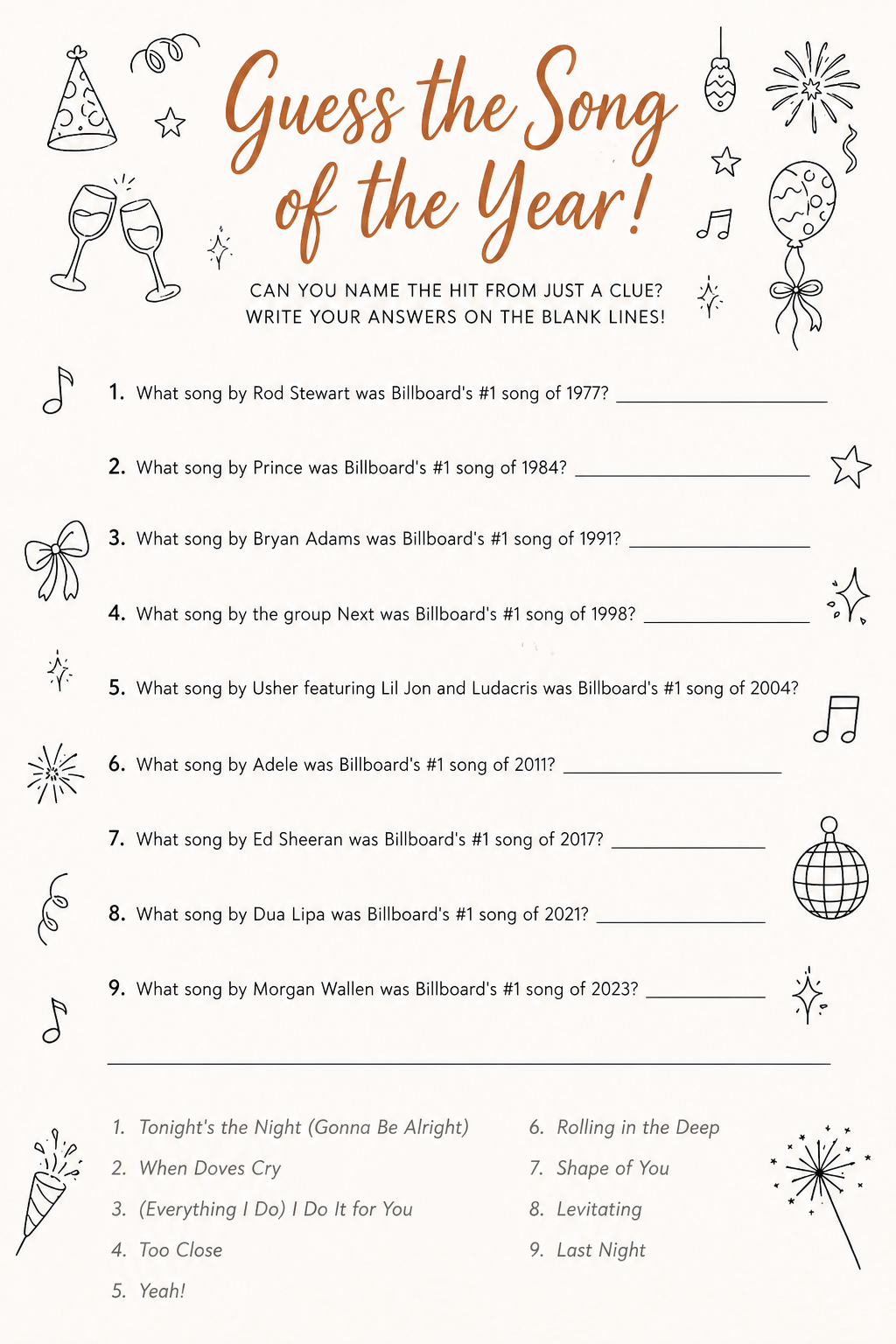 Guess the Song of the Year printable