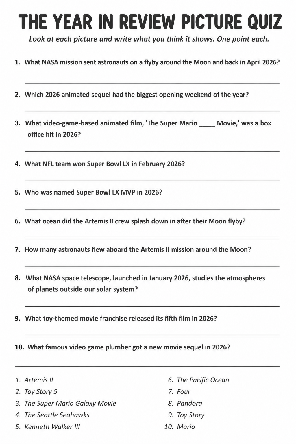 The Year in Review Picture Quiz printable
