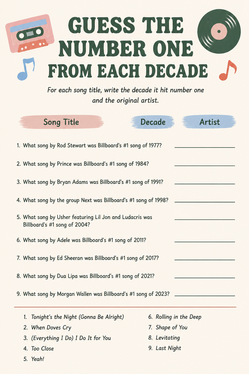 Guess the Number One From Each Decade printable