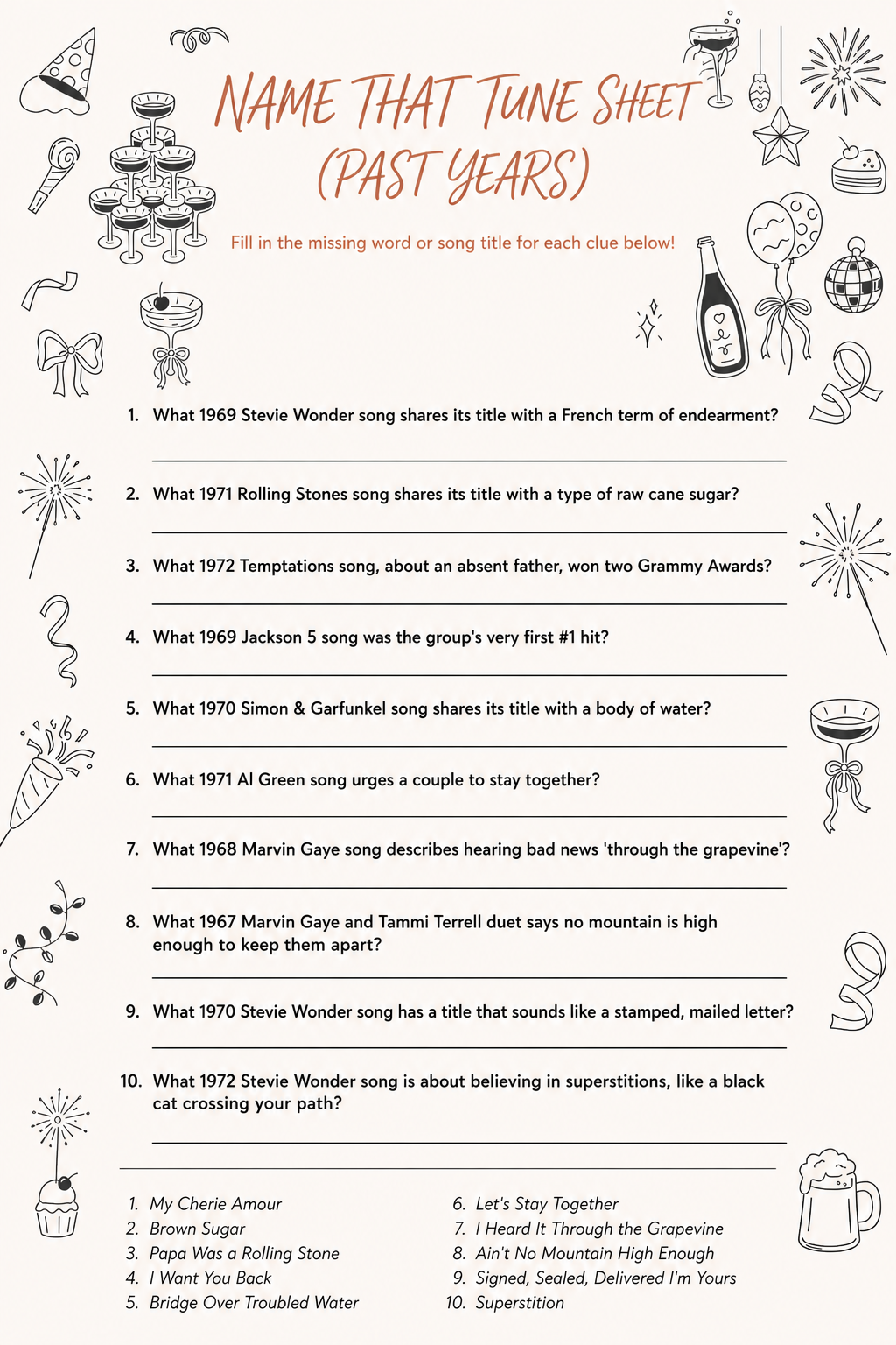 Name That Tune Sheet (Past Years) printable