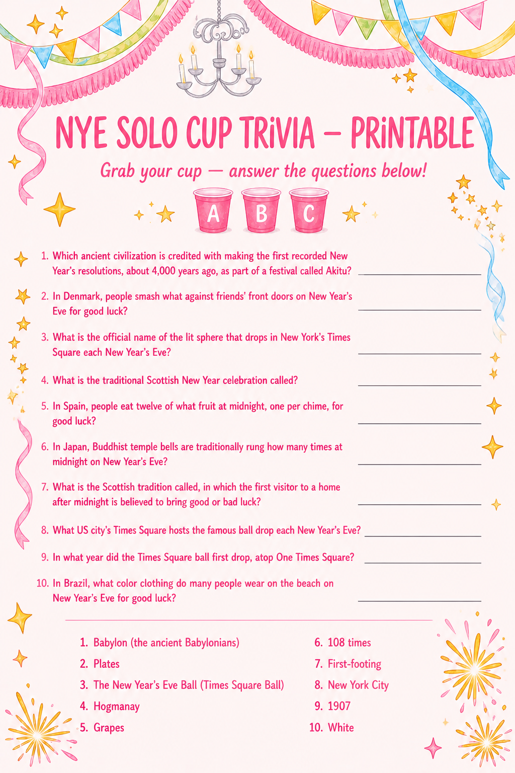 NYE Solo Cup Trivia — Printable printable