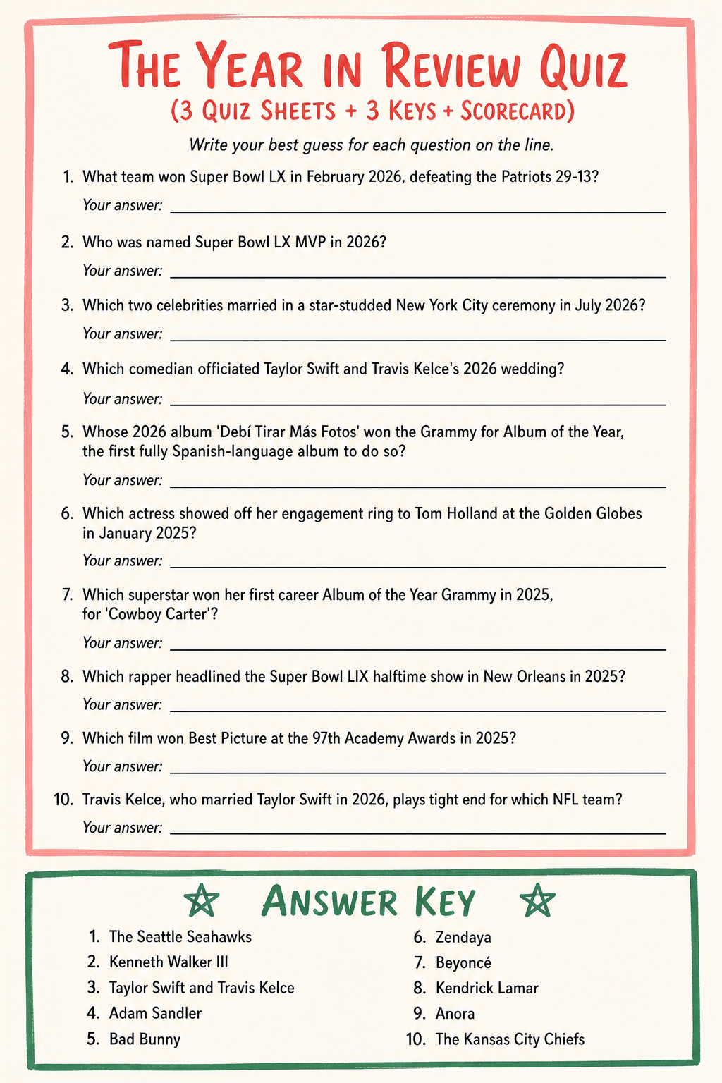 The Year in Review Quiz (3 Quiz Sheets + 3 Keys + Scorecard) printable