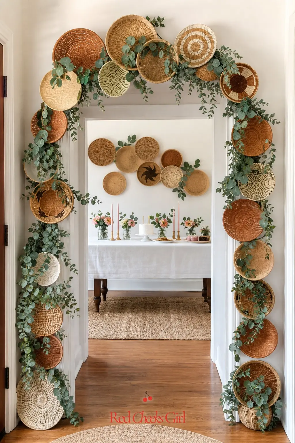Basket Arch Doorway — Woven baskets in terracotta and cream, wired together into a soft arch shape and hung over an interior doorway, feel less structural than
