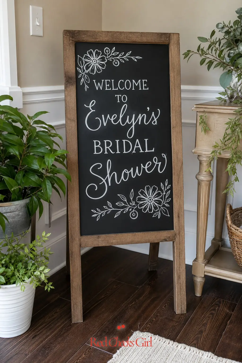 Chalkboard Market Sign — A freestanding chalkboard easel with a hand lettered welcome message ties the whole room together and costs almost nothing beyond the