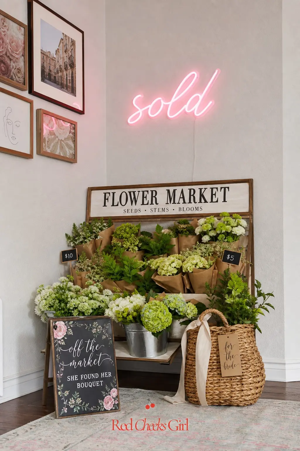 Flower Market Neon Sign Corner — A small pink neon sign reading sold, glowing above a stand of green market blooms, gives the room one glamorous corner among