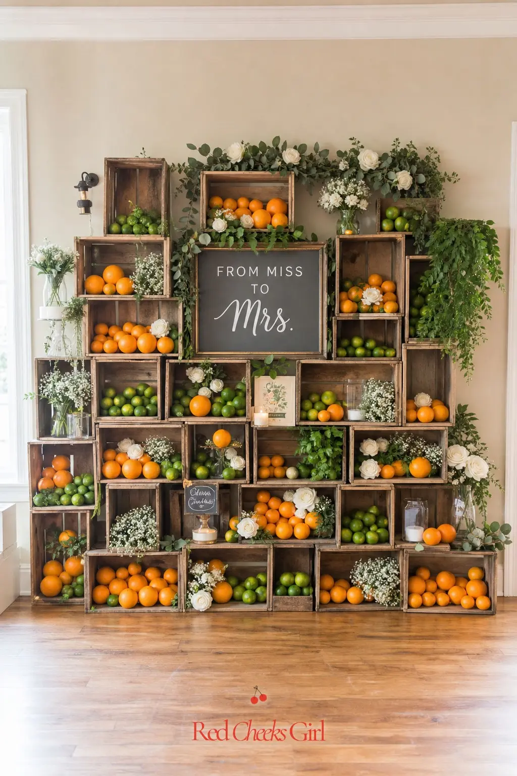 Fruit Crate Photo Backdrop — A full wall of stacked crates filled with oranges and limes gives guests a bright, saturated spot to take photos that reads