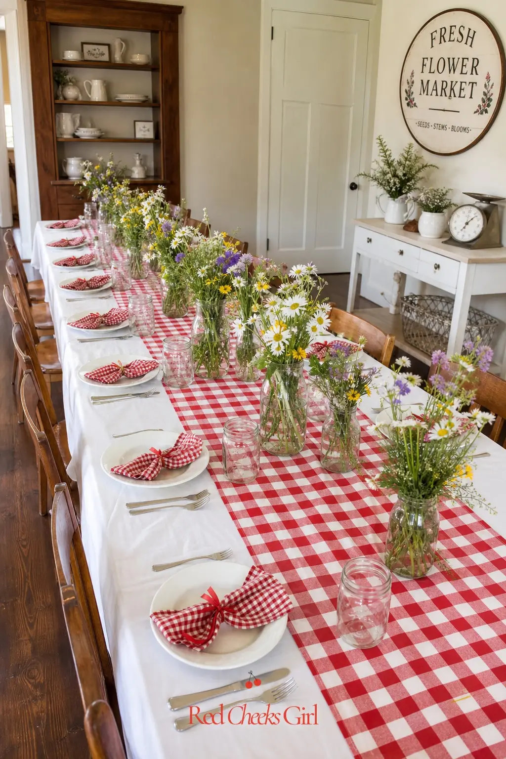 Gingham Farm Table Setting — A red and white gingham runner down the center of the table, with mason jars of loose wildflowers spaced along its length, is the