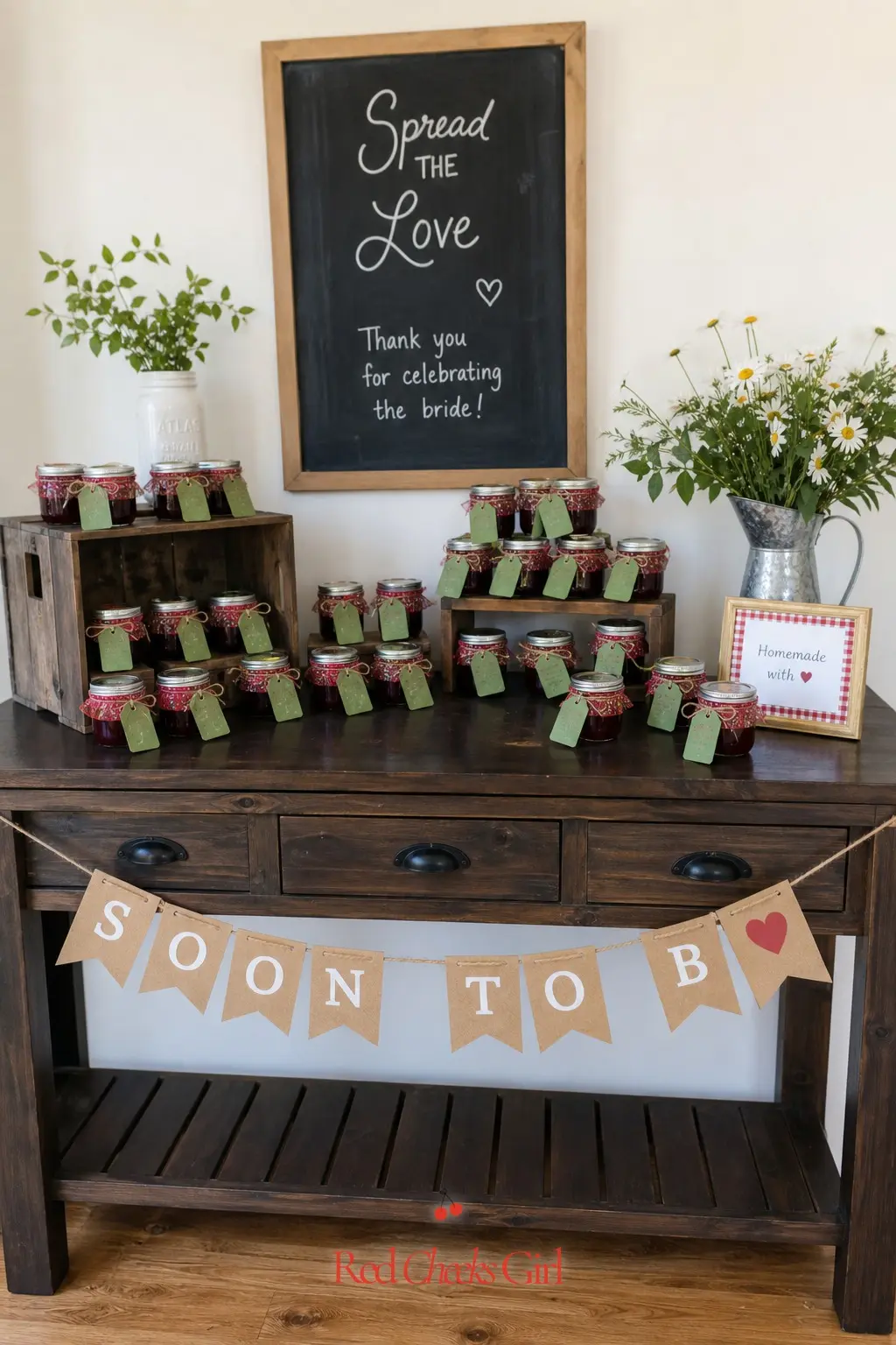 Jam and Preserves Favor Table — Rows of mini jam jars with berry red lids and small green paper tags do double duty as decor and take home favors, so the table