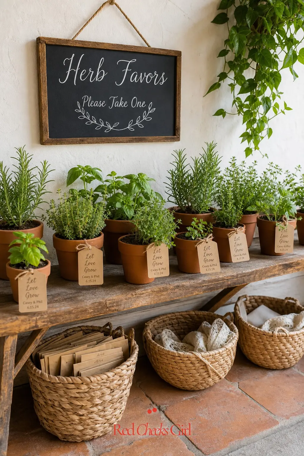Potted Herb Favor Display — A row of small terracotta pots planted with green herbs, set along a rustic shelf, gives guests a favor that keeps growing long