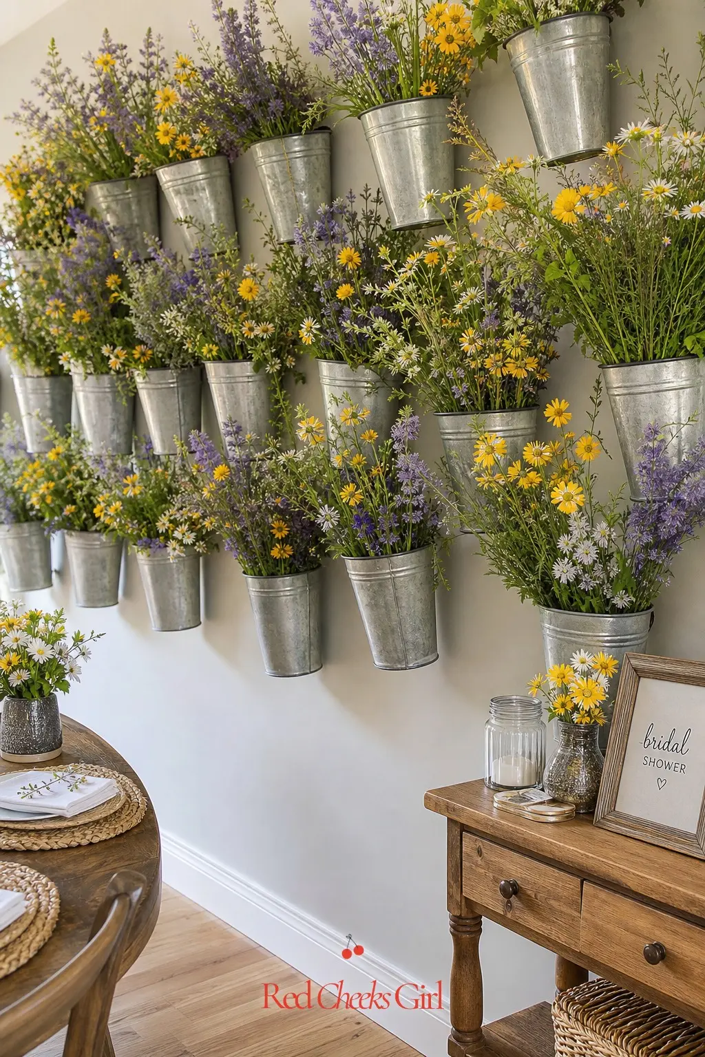Wildflower Bucket Wall — A row of buckets mounted along a plain wall, each holding a different mix of lavender, yellow and white wildflowers, turns an unused