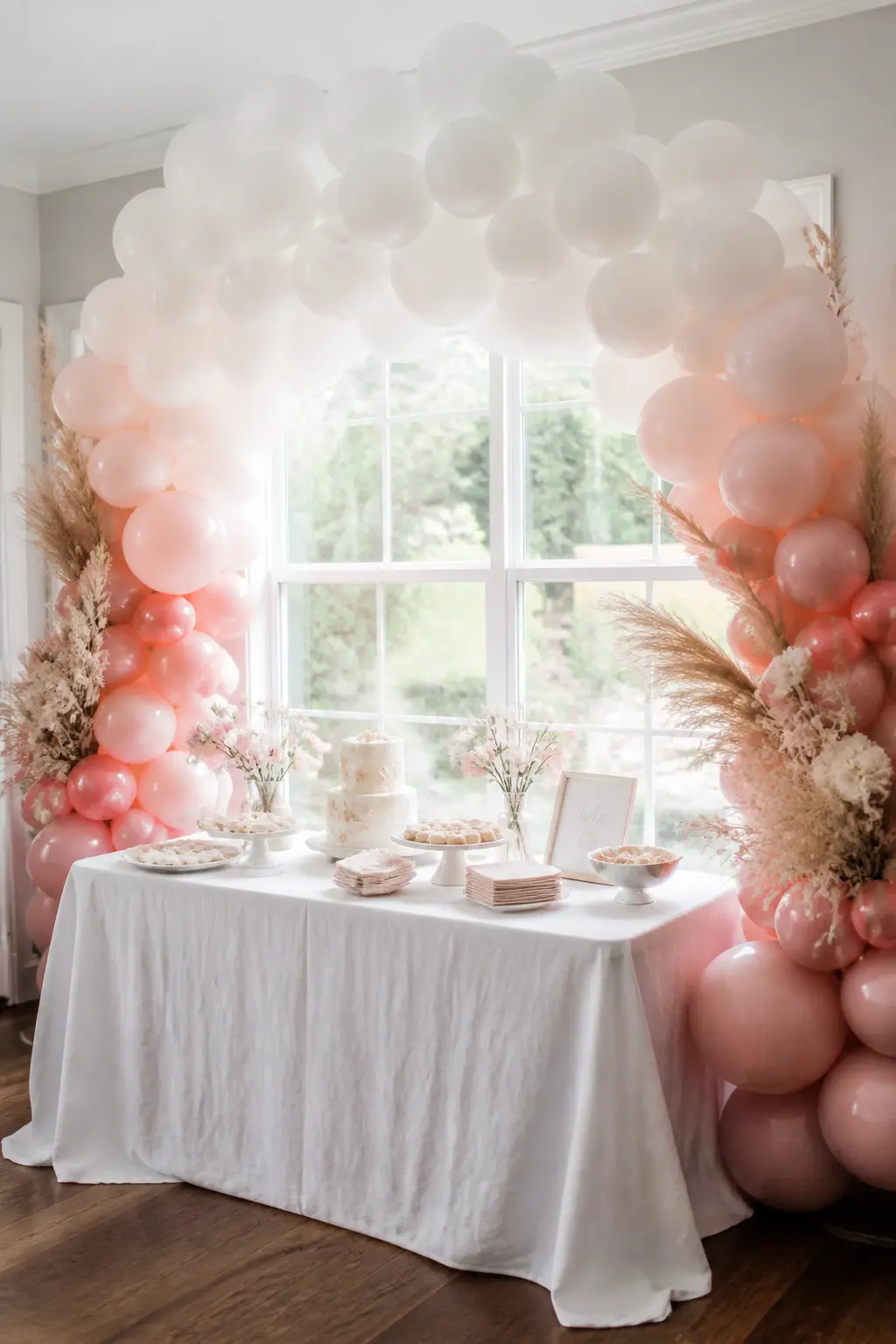 Blush Fading into White Over a Bridal Shower Table — The fade runs from blush at the legs to white at the crown, so the arch appears to dissolve into the