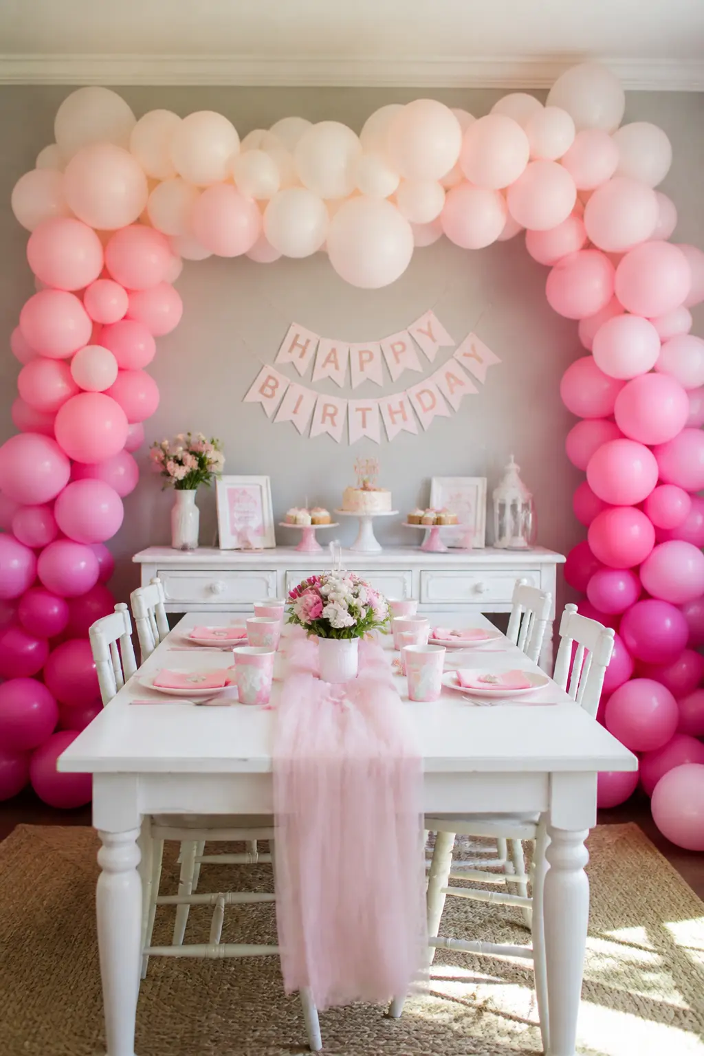 Blush to Fuchsia Over a Girls' Birthday Table — The arch starts at the ceiling in the palest blush and deepens as it sweeps down each leg, landing in full