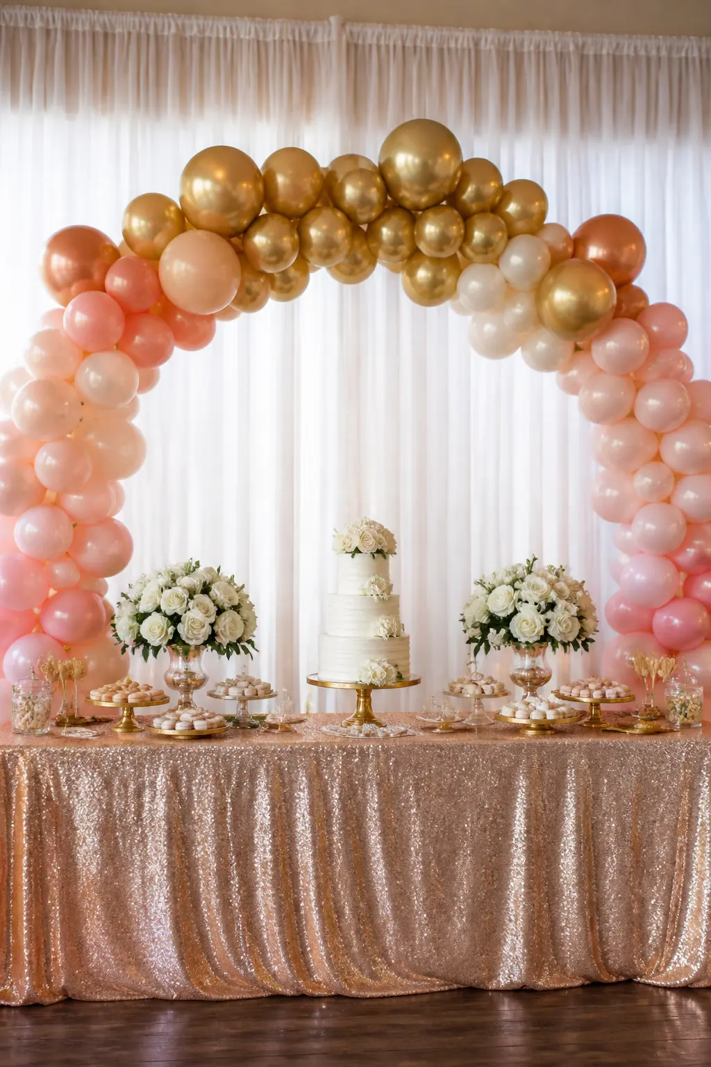 Blush to Gold Over a Wedding Dessert Table with White Roses — Blush at the legs, chrome gold at the crown, with three steps between: dusty rose, champagne