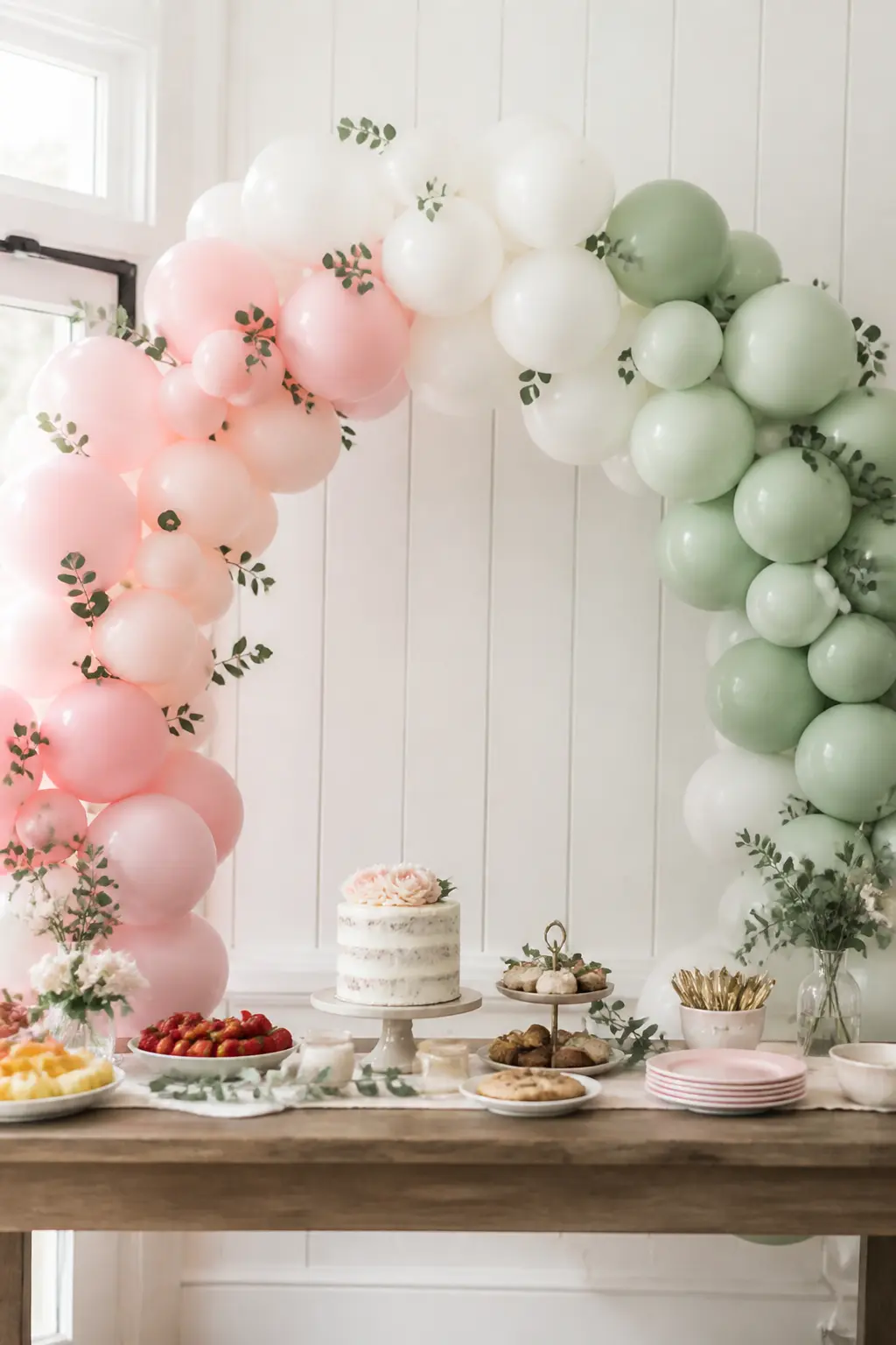 Blush and Sage Meeting in the Middle at a Spring Shower — Two colour families running toward each other, both fading to white at the point where they meet.